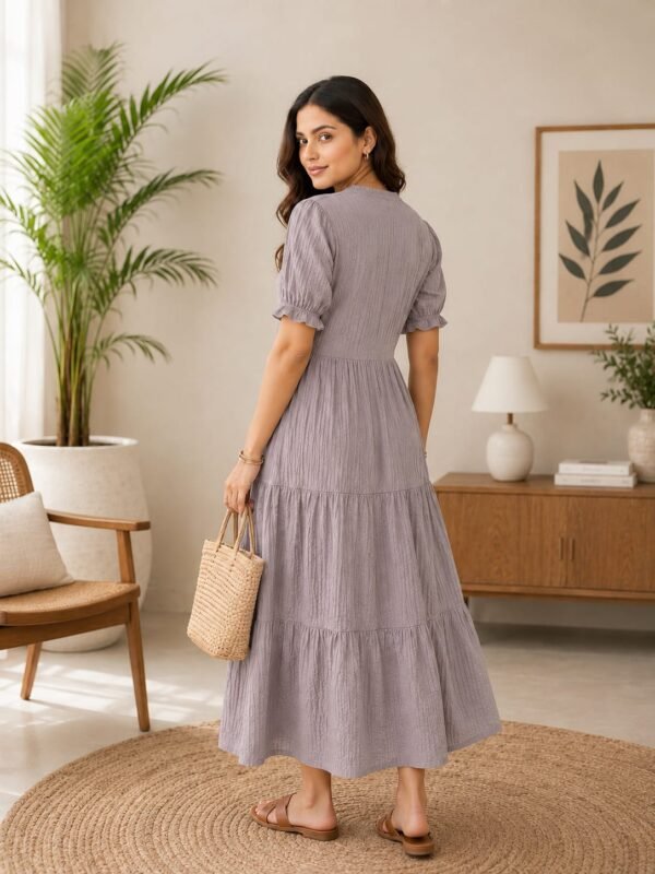 Women's grey floral embroidered A-line midi dress