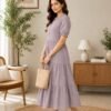 Women's grey floral embroidered A-line midi dress