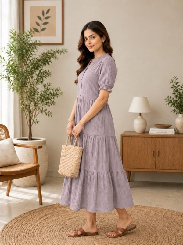 Women's grey floral embroidered A-line midi dress