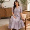 Women's grey floral embroidered A-line midi dress