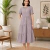Women's grey floral embroidered A-line midi dress