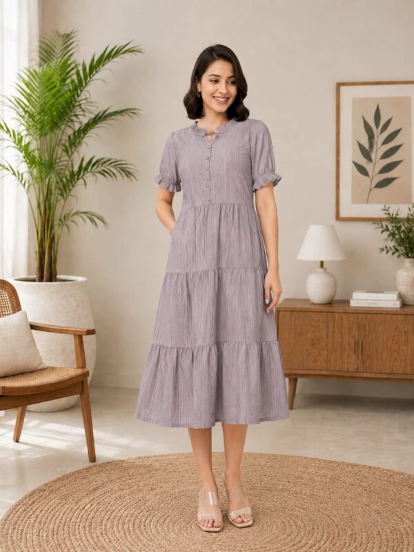 Women's grey floral embroidered A-line midi dress