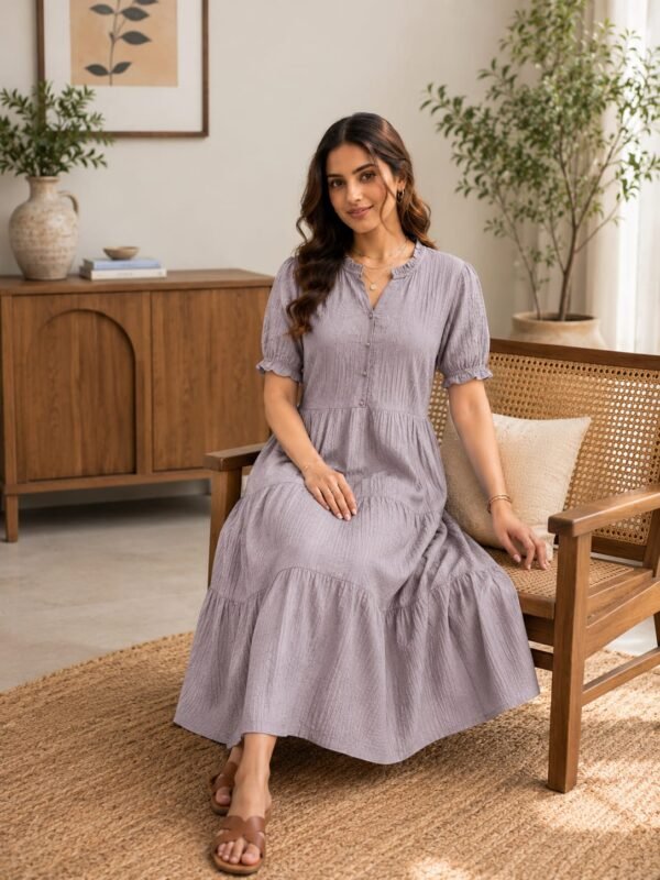 Women's grey floral embroidered A-line midi dress